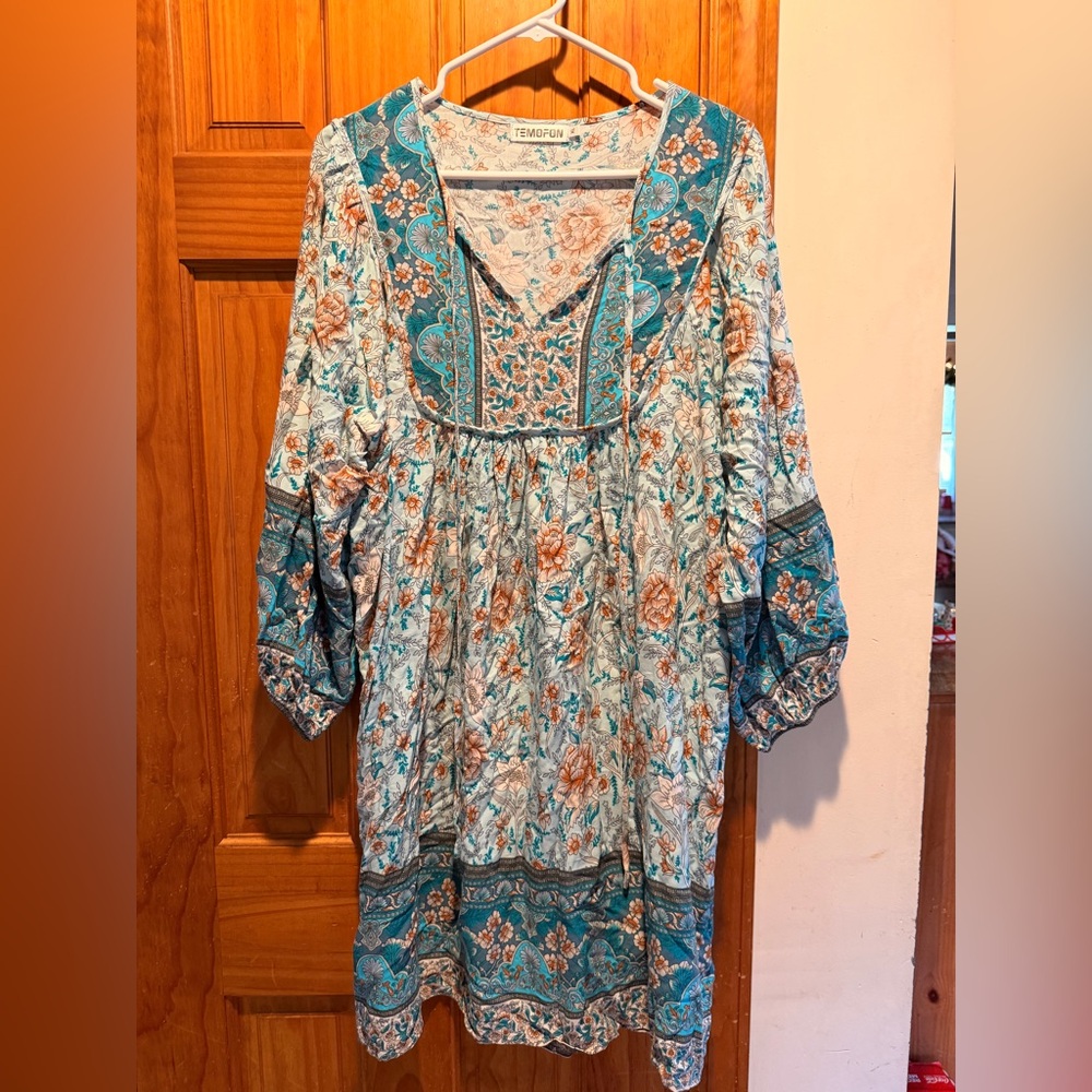 Trendy Floral  Dress - Teal and Beige